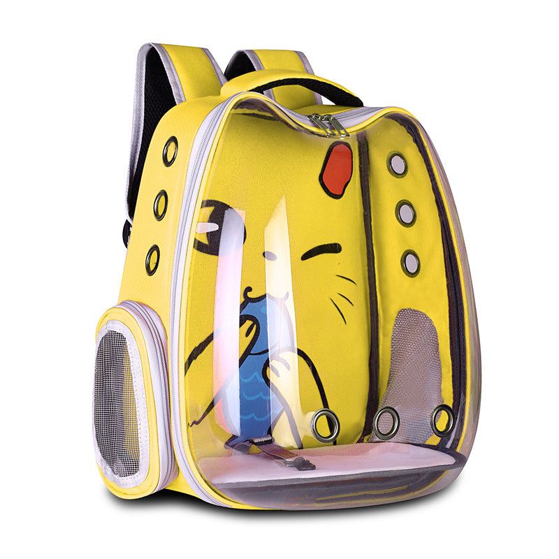 Pet Bag pack Collection is a yellow transparent pet carrier backpack with black trim, mesh side vents and a cartoon face