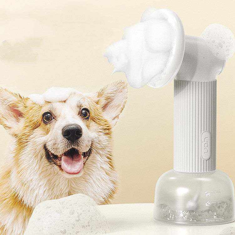 Pet Bubble Machine Shower Gel, white plastic dispenser with a ribbed handle and foamy paw-shaped top