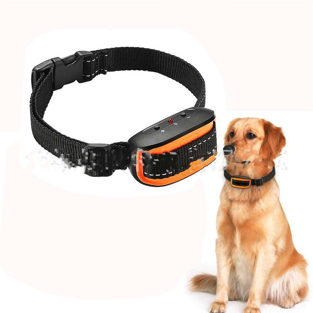 Automatic Dog Barking Prevention collar with a black nylon strap and compact orange-and-black plastic device, shown on a golden dog