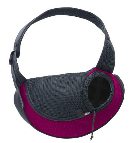 Bag dogs and cats carrier in black mesh with a magenta fabric base, padded shoulder strap, and round zippered opening
