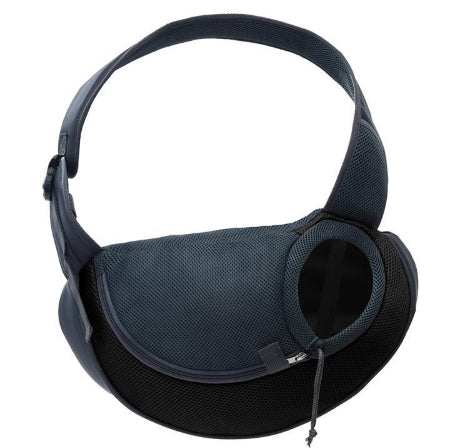 Bag dogs and cats in black mesh and fabric, with a rounded shape, adjustable shoulder strap and circular zippered opening