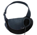 Bag dogs and cats in black mesh and fabric, with a rounded shape, adjustable shoulder strap and circular zippered opening