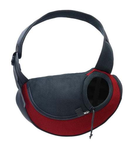 Bag dogs and cats in black mesh and red fabric, with a curved shoulder strap and round zippered pet opening