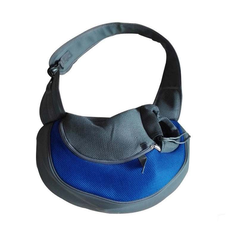 Bag dogs and cats in blue and gray with breathable mesh panels, curved zippered opening and adjustable shoulder strap