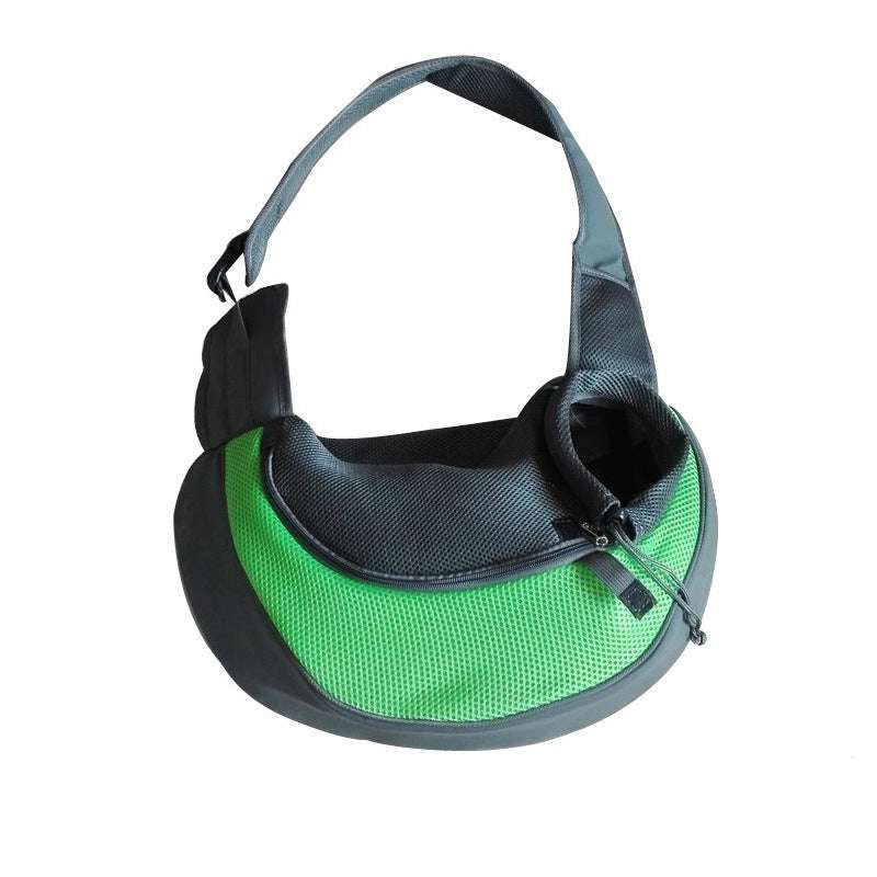 Bag dogs and cats in green and black mesh with padded shoulder strap, zippered opening and round side pocket