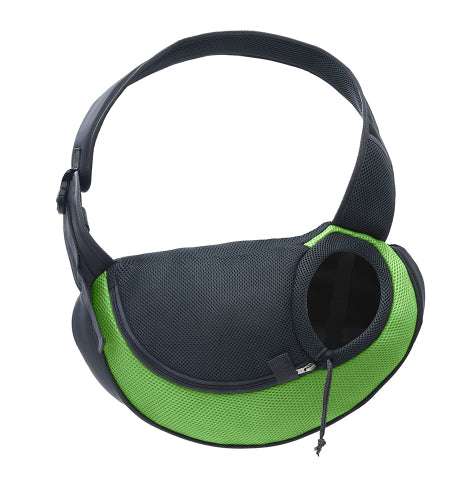 Bag dogs and cats in green and black mesh with a shoulder strap, zippered top, and round side ventilation window