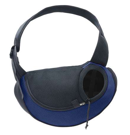 Bag dogs and cats pet carrier in navy blue and black mesh, with a shoulder strap and round zippered viewing window