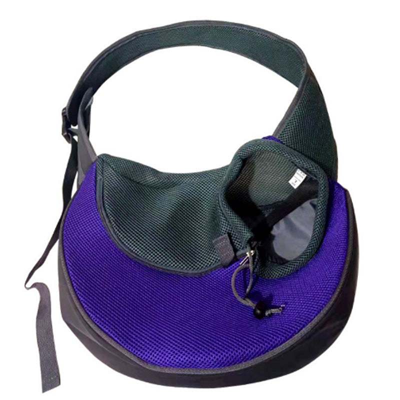 Bag dogs and cats in purple and black with breathable mesh, wide shoulder strap, zippered opening and leash clip.
