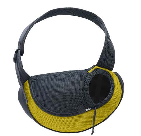 Bag dogs and cats pet carrier in charcoal mesh with bright yellow trim, padded shoulder strap, and round zippered opening