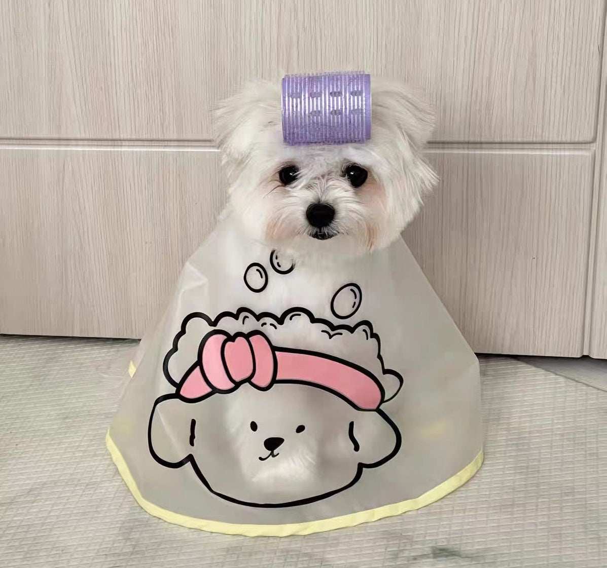 Bath Clean Pet Dog Cat grooming cape in translucent material with yellow trim and a cartoon dog wearing a pink bow, shown on a small white dog