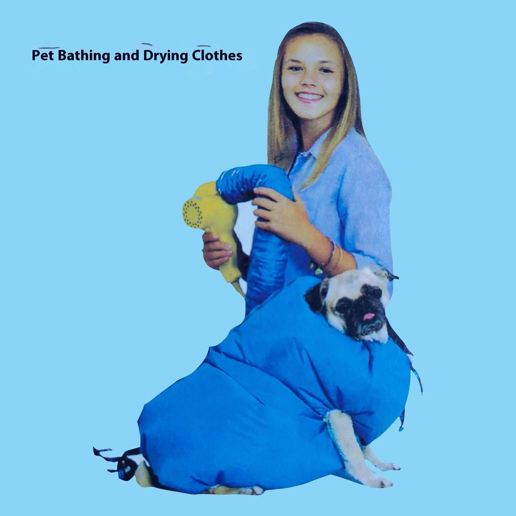Pet Bath Quick blue polyester dog drying bag with a pug inside and adjustable drawstring openings