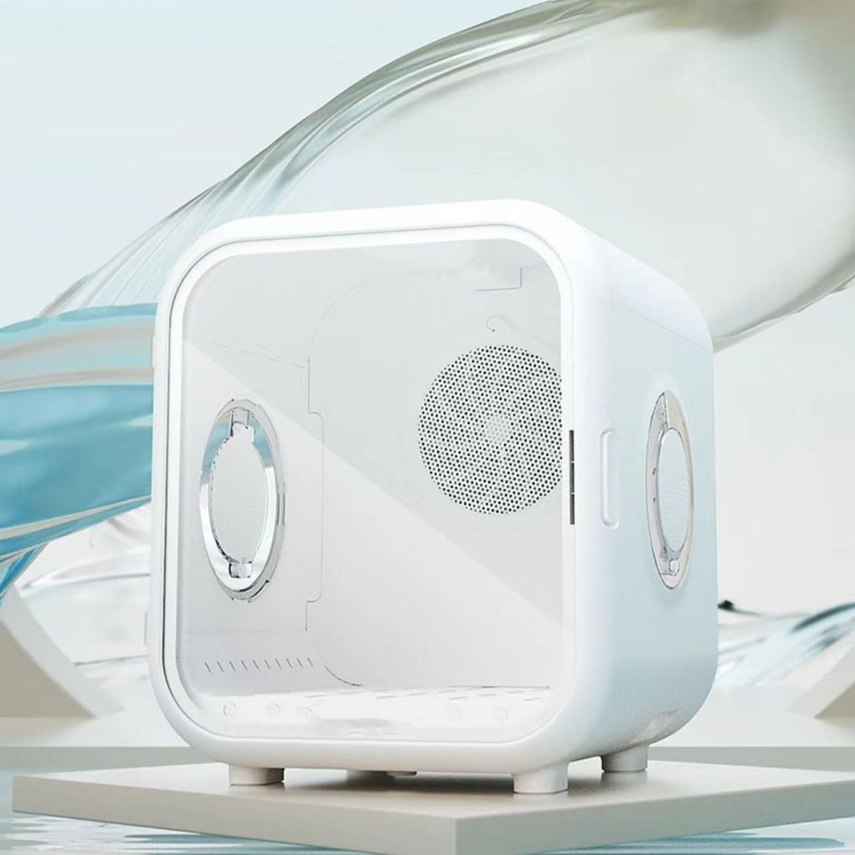 Cat Hair Dryer cabinet in white with a rounded rectangular shape, clear side windows, and a circular ventilation grille