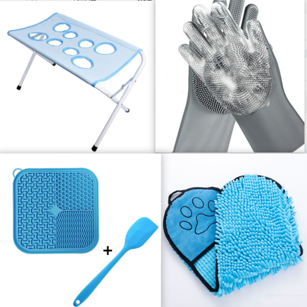 Foldable Pet Bathing Stand with a light blue breathable fabric sling, oval leg openings and a white folding frame