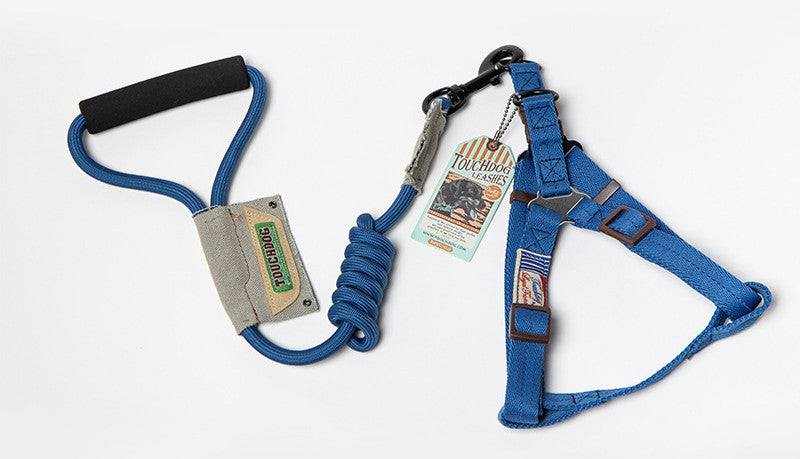 Dog Leash, Leash with a blue nylon lead, padded black handle and matching adjustable harness with metal clips