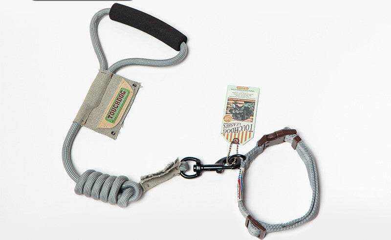 Dog Leash, Leash in gray nylon with a coiled stretch section, padded wrist handle, and adjustable loop clasp