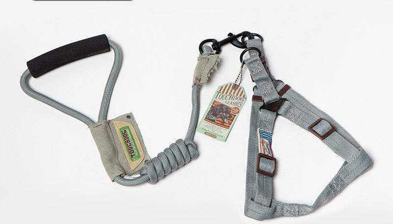 Dog Leash, Leash with a gray nylon rope, black padded handle, coiled section and matching adjustable harness