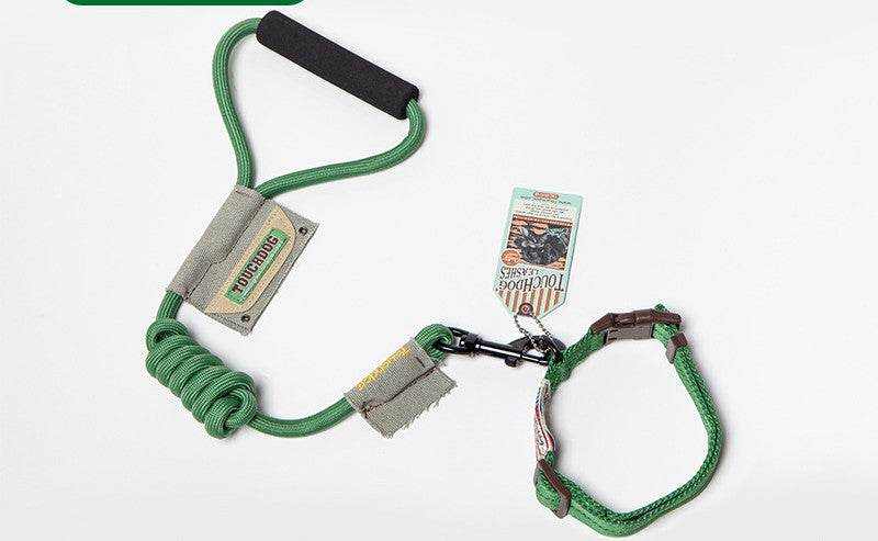 Dog Leash, Leash in green nylon with padded black handle, coiled lead, and adjustable woven wrist loop