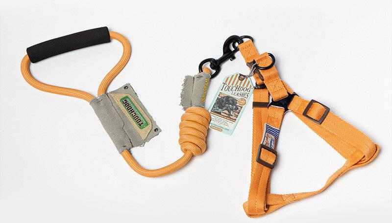 Dog Leash, Leash with bright orange nylon rope, padded black handle, and matching adjustable chest harness