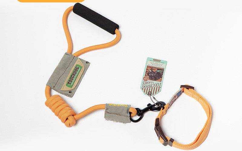 Dog Leash, Leash with orange nylon rope, black padded handle, gray fabric attachments and adjustable loop collar