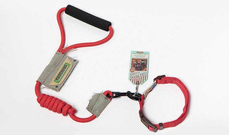 Dog Leash, Leash with a bright red nylon cord, black padded handle, khaki pouch and matching adjustable collar