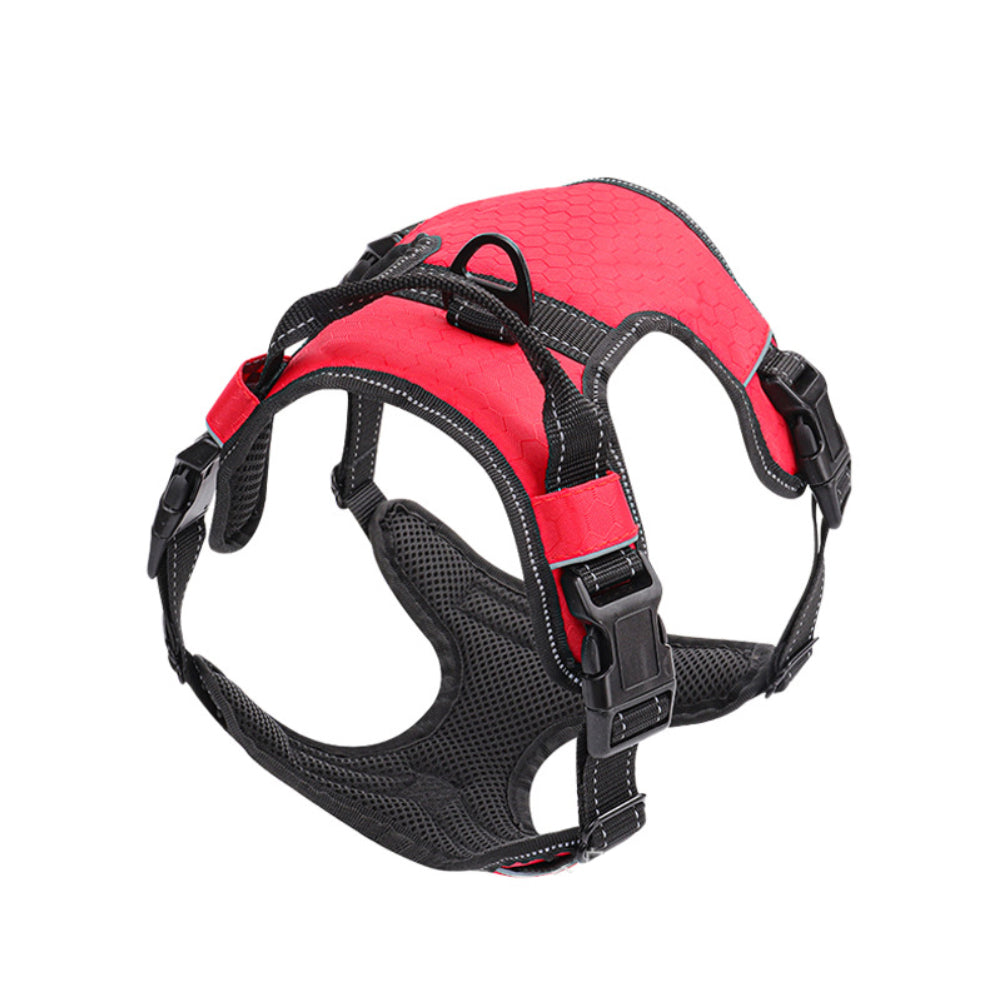 Dog Leash Pet Vest Type harness in red and black nylon with mesh padding, adjustable straps, buckles, and leash attachment loop