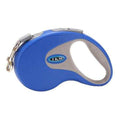 Dog Traction Rope in blue and gray ABS plastic, featuring a compact retractable case, ergonomic handle and metal clip