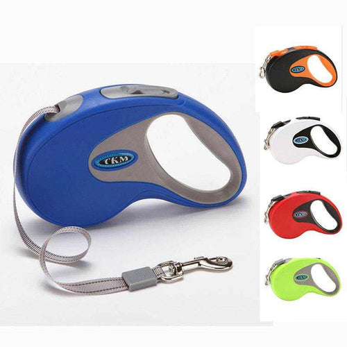 Dog Traction Rope with a blue ABS retractable handle, gray accents, wrist strap and silver metal leash clip