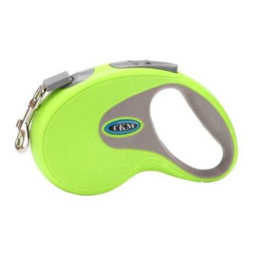 Dog Traction Rope retractable leash in bright lime green ABS plastic with gray accents, ergonomic handle and metal clip