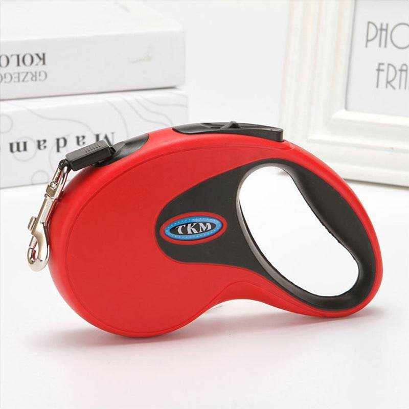 Dog Traction Rope with a bright red ABS retractable casing, black grip and trim, and attached metal leash clip