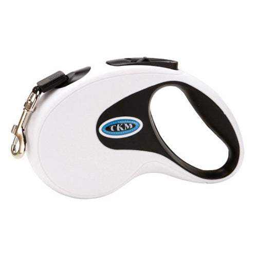 Dog Traction Rope with a white ABS retractable leash casing, black grip and trim, and silver metal clip