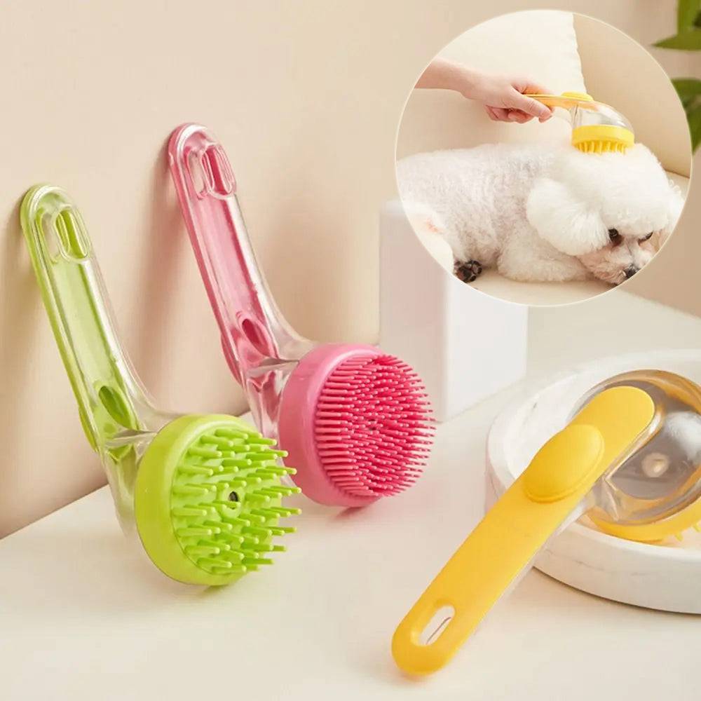 Dogs Cats Pets Brush with long translucent green and pink handles, soft silicone bristles and a yellow soap-dispensing brush