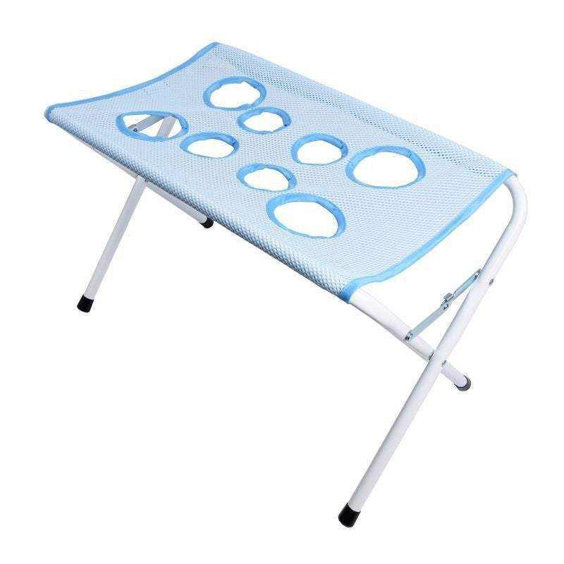 Foldable Pet Bathing Stand with light blue mesh fabric, white metal legs, and multiple reinforced openings