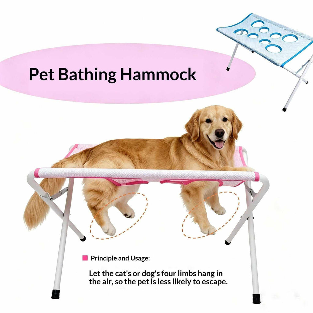Foldable Pet Bathing Stand with a pink fabric hammock sling on a silver folding frame, holding a golden dog