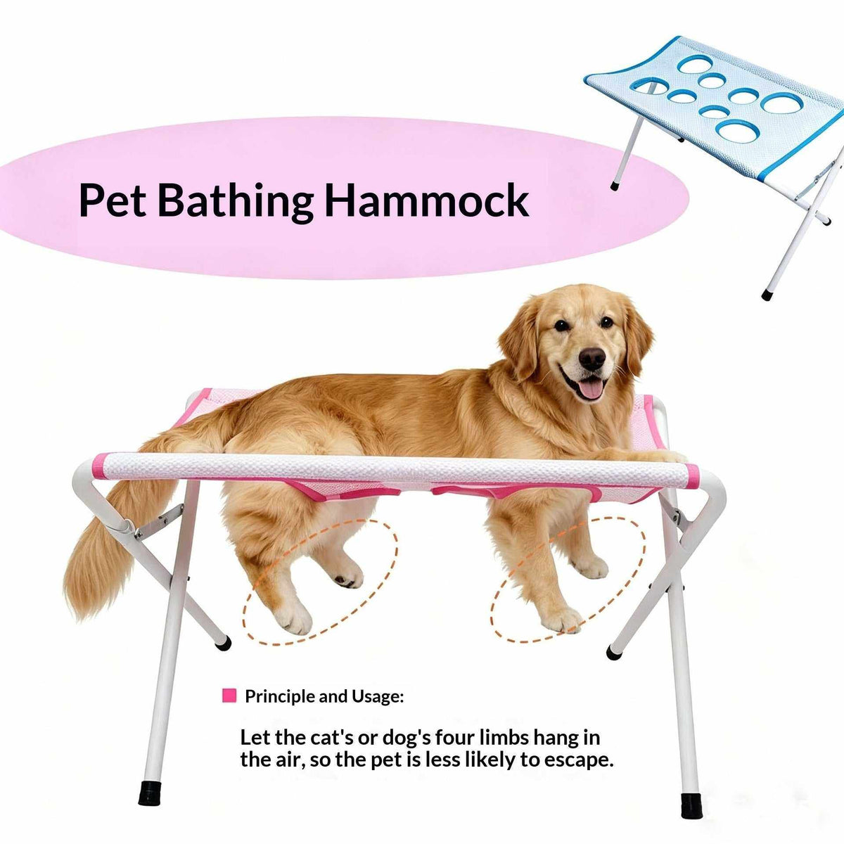 Foldable Pet Bathing Stand with a pink fabric hammock sling on a silver folding frame, holding a golden dog