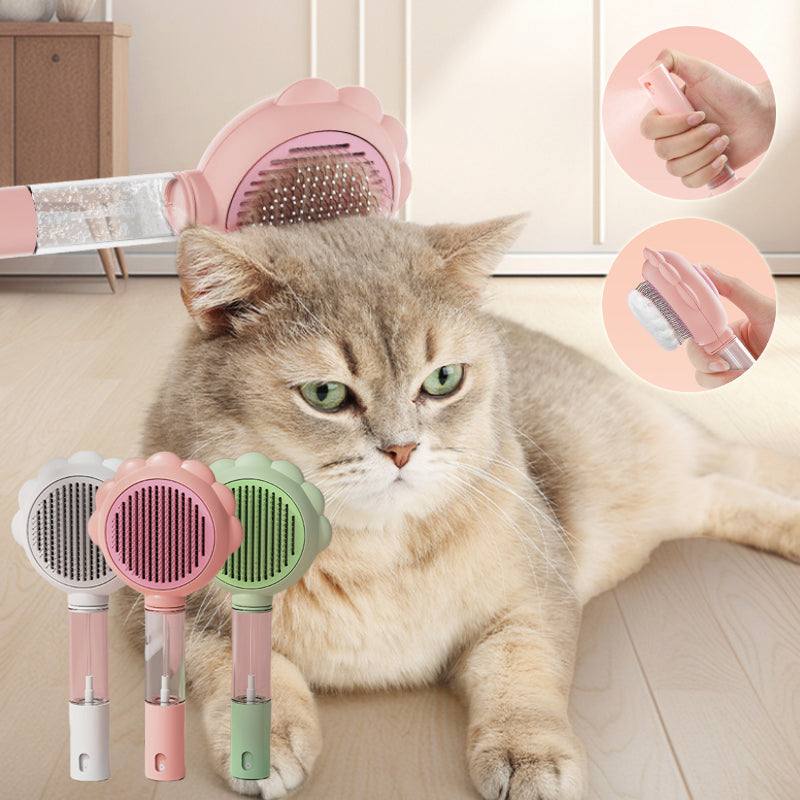 hair removal spray set with pink, green, and white plastic pet combs featuring metal bristles and ergonomic handles beside a relaxed light brown cat