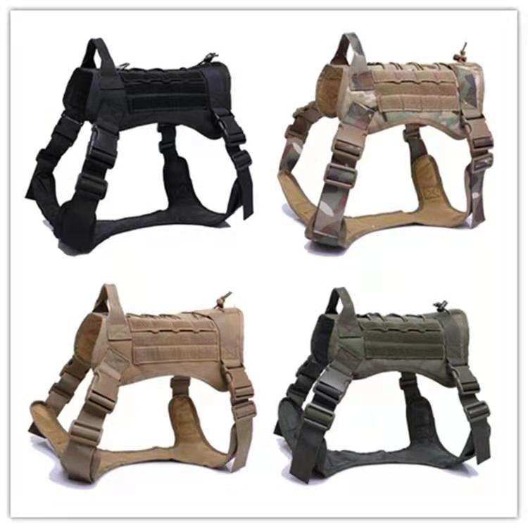 Military Tactical Dog Harness in black, tan, camouflage and army green rugged fabric with adjustable straps and padded vest panels