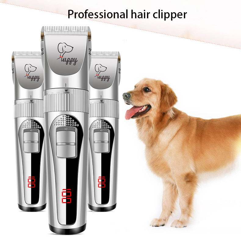 nail clipper with silver ceramic blades, black accents, LCD displays, and dog grooming design