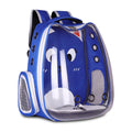 Pet Backpack Convenient Pet Space Bag in blue nylon with clear hard shell, cartoon face, mesh panels and air holes
