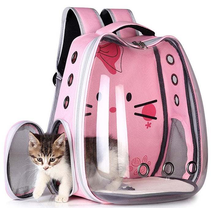Pet Backpack Convenient Pet Space Bag in pink nylon with clear hard shell, cartoon face, mesh sides and a cat inside