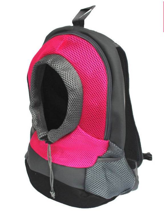 Pet backpack dog in black nylon with vivid pink mesh panels, gray trim, adjustable drawstring opening and side mesh pockets