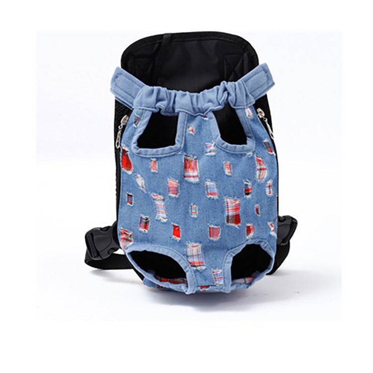Pet Backpack Dog in blue denim with a scattered red and white patch pattern, black lining, and leg openings