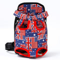 Pet Backpack Dog in blue canvas with a red, white and blue flag print, red trim and adjustable straps