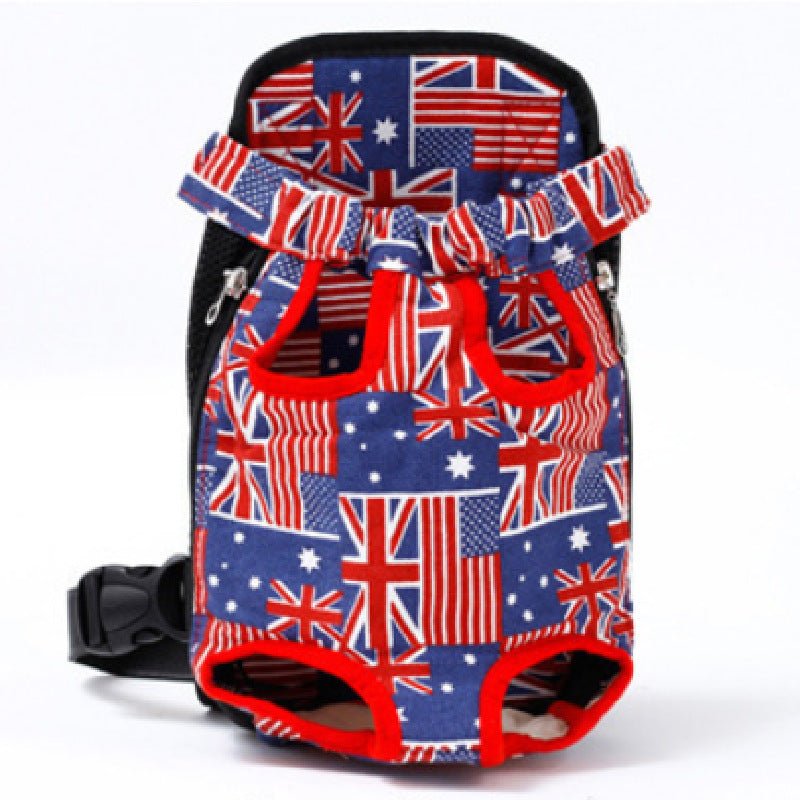 Pet Backpack Dog in blue canvas with a red, white and blue flag print, red trim and adjustable straps