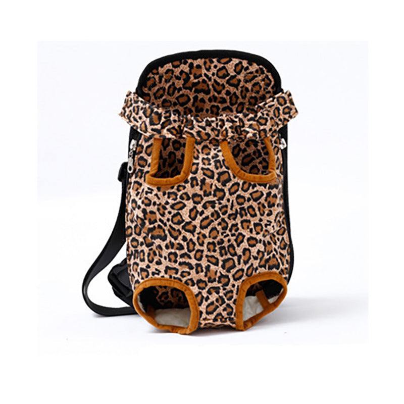 Pet Backpack Dog in brown leopard-print fabric with orange trim, mesh panels and leg openings