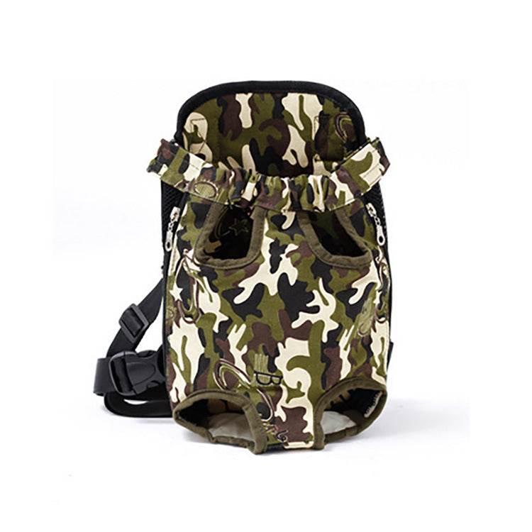 Pet Backpack Dog in green, brown and cream camouflage canvas with adjustable black straps and leg openings