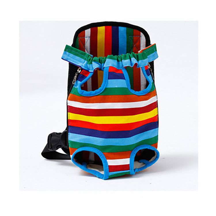 Pet Backpack Dog in vibrant multicolored striped canvas with blue trim, leg openings, and adjustable black straps