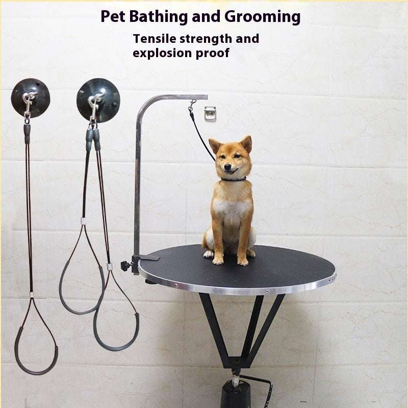 Pet Bath Fixed Rope with black suction cups, metal hooks and adjustable dark steel wire loops for grooming
