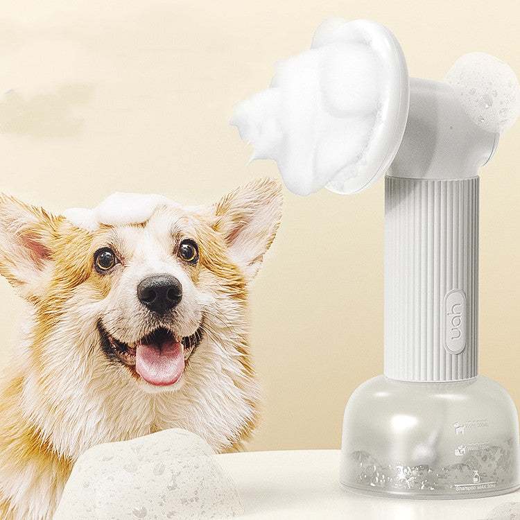 Pet Bubble Machine Shower Gel, white plastic dispenser with a ribbed handle and foamy paw-shaped top