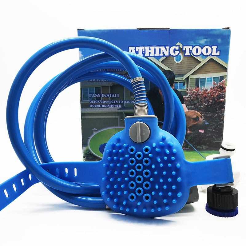 Pet Cleaning Supplies blue silicone and ABS dog bath brush with raised massage nubs, long hose and adapters