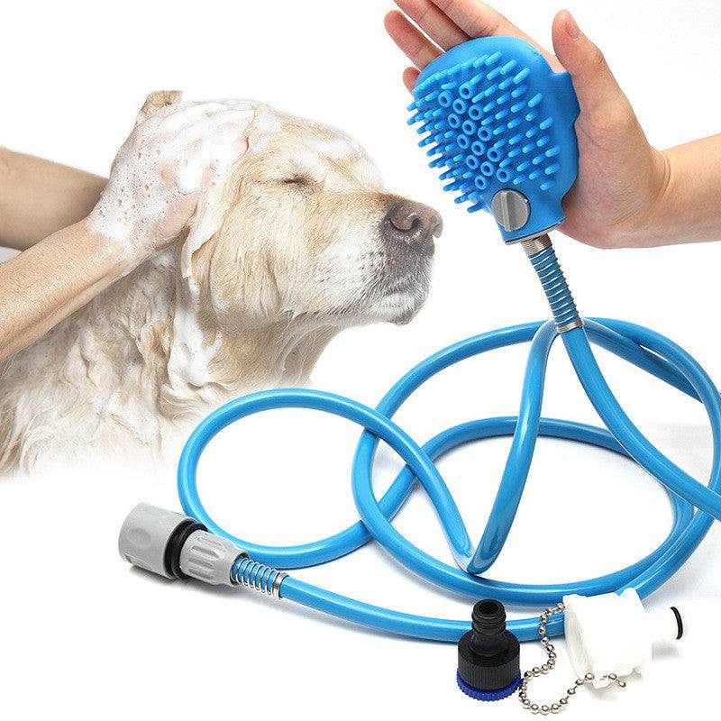 Pet Cleaning Supplies blue silicone and ABS dog bath brush with raised bristles, long hose and faucet adapters